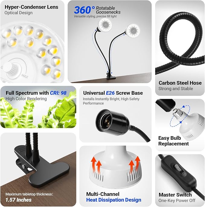 Barrina Orbgrow OG11A2 Clip On Grow Lights for Indoor Plants, Integrated Stepless Dimming & Timing, 5000K 22W(2 x 11W, 200 Watt Equiv), Full Spectrum 2-Gooseneck with E26 Plant Light Bulbs