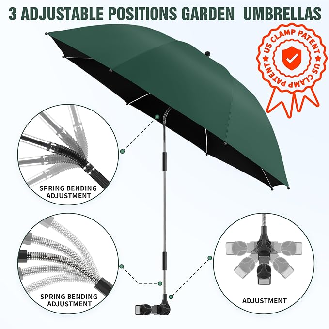Garden Kneeler Umbrella, 42” Large Chair Umbrella with Universal Clamp, 360°Swivel and UPF 50+ Protection,Folding Clip on Umbrellas for Garden Seat Kneeling Bench Camping Chair, NO KNEELER