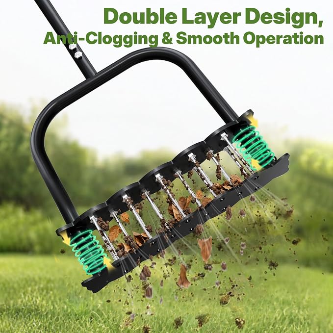 Manual Aerator Lawn Tool, Heavy Duty 35" Lawn Aerator Tool with T-Handle, 14 Spikes Automatic Rebound Aerating Tool, Anti-Clog Aerators Detachable Soil Aeration for Garden Lawn, Yard, Patio and Grass