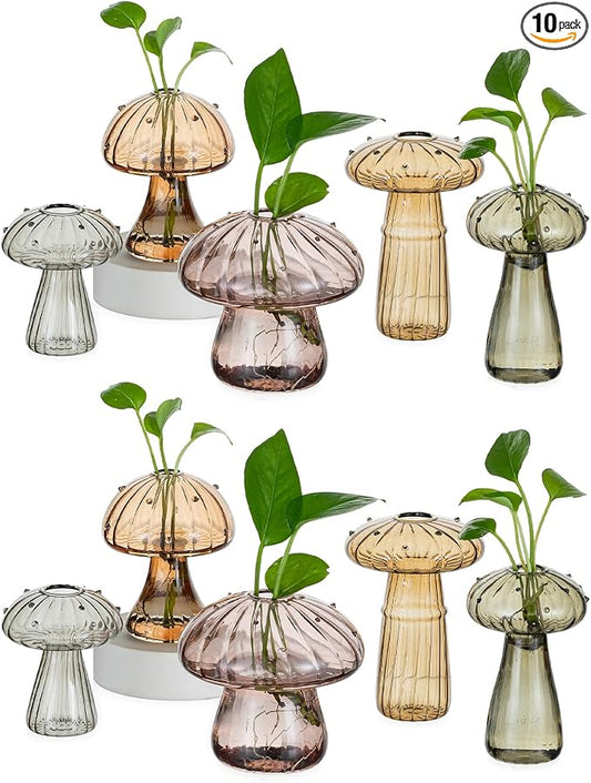 Hewory Glass Mushroom Propagation Stations: Set of 10 Unique Propagation Jars Glass Planter for Indoor Plants Home Decor - Amber Mushroom Vase Christmas Birthday Gifts for Plant Lovers Women Girls
