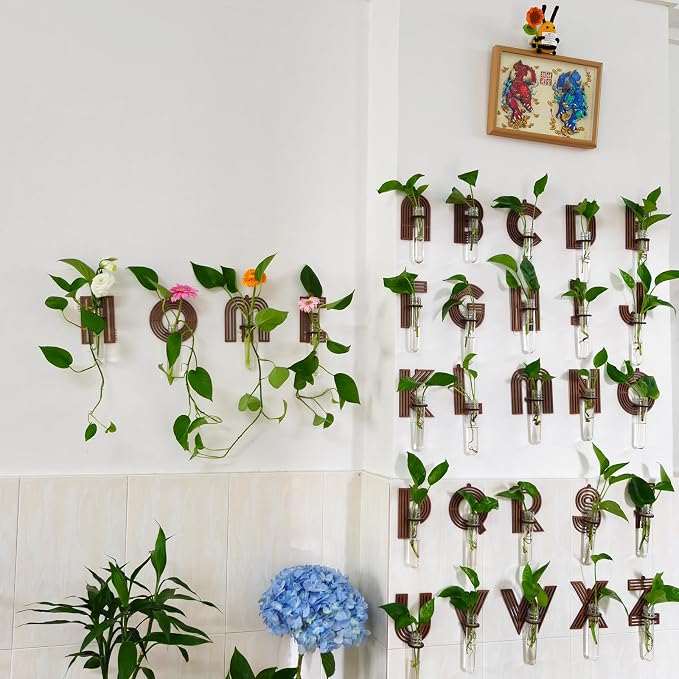 Wood Letter Wall Propagation Station Lightweight Decorative Plant Holder for Small Cuttings, Letter W Removable Adhesive Wall Decor for Bedroom, Nursery, Office