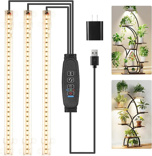 10.2'' 3 Head Grow Light Strips, LED Grow Lamps for Indoor Plants, Full Spectrum 3000K, Plant Light with 3/9/12H Timer, 10 Dimmable Levels for Seedling Succulent, Match for Plant Shelf