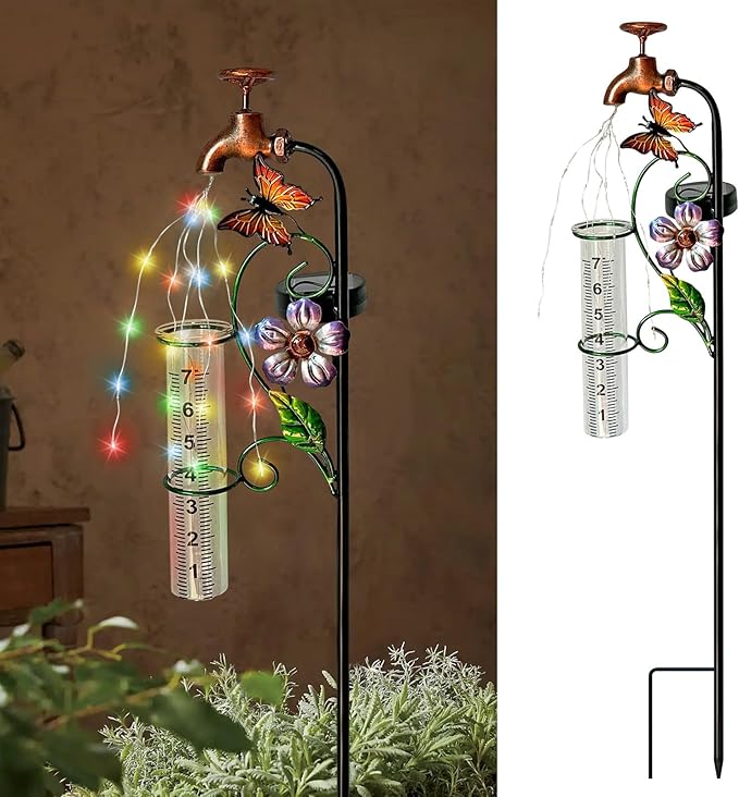 Rain Gauge Outdoor, Decorative Rain Gauge Garden Stake with Butterfly and Flower Design, Copper Faucet Style, Metal Garden Decor for Yard,Garden,Lawn, Pathway, 7" Glass Tube