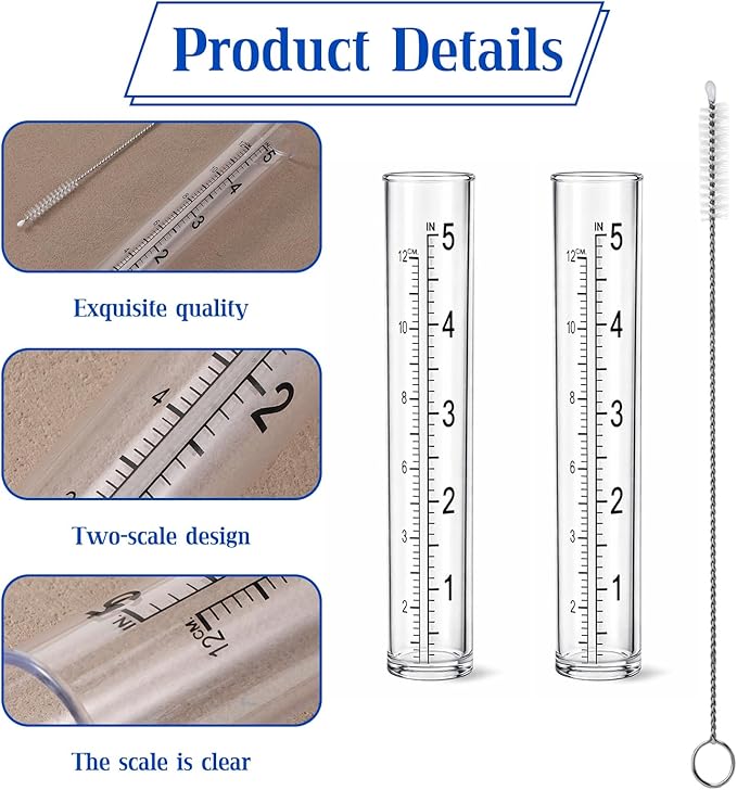 Rain Gauge Replacement Tube, 2 Pcs Plastic 5 Inch Clear Practical Outdoor Rain Gauges with Dual Scales and Cleaning Brush Outdoor Rains Gauges for Outdoors Garden Yard Home Using
