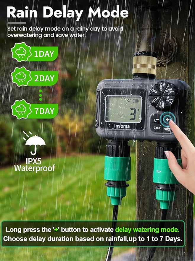Insoma Hose Timer 2 Zones Brass Inlet, Water Timer for Garden Hose, Sprinkler Timers with Rain Delay/Manual/Auto Mode, Faucet Timers 2 Outlet for Garden Watering, Lawn, Yard