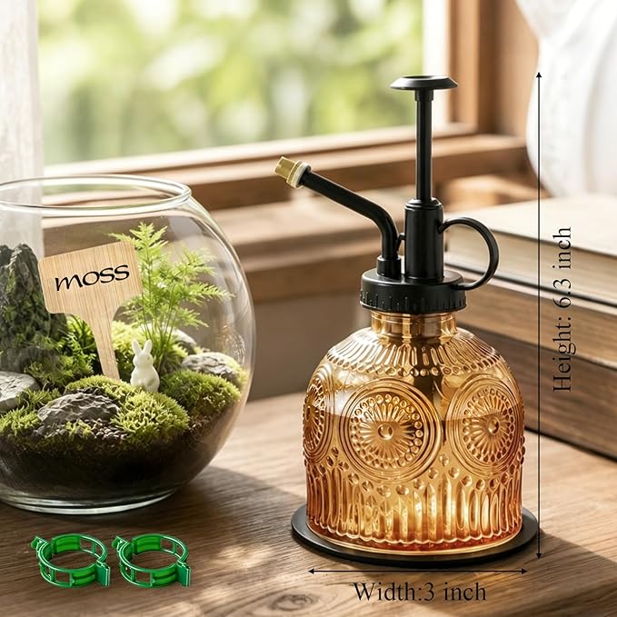 Amolliar Glass Plant Mister Spray Bottle, Vintage Refillable Leak Proof Watering Can for Indoor Plants, Houseplants, Gardening, Cleaning, Hair & Pet Care with Mist Nozzle (Brown-Black Pump)
