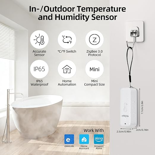 eMylo Zigbee Temperature Humidity Sensor-3 Pack, IP65 Indoor Outdoor Thermometer Hygrometer, Hub Required, APP Remote Monitoring&Home Automation, Compatible with Echo Devices with Zigbee Hub Built-in