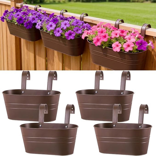 Hicarer Metal Hanging Flower Pots for Railing Fence, Large Hanging Rail Planters for Outdoor Window Balcony Plants Holder with Hooks for Garden Yard Home Decor(Chocolate,4 Pcs)