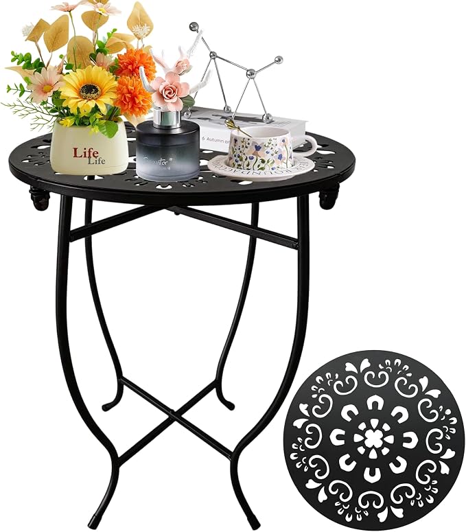 Small Patio Table, 17Inch Height Metal Patio Side Table with Flower Cut Design, 14'' Round Small Outdoor Side Tables for Patio Yard Porch Balcony Garden Bedside Plant Stand Indoor Outdoor 1Pack