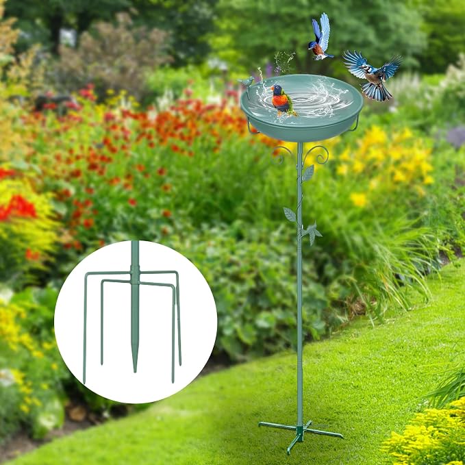 Bird Bath for Outside with 2 Bird Decor, Hummingbird on Pole & Sparrow on Bowl, 38.5 Inch Height Garden Birdbath, 12 Inch Antique Green Freestanding Birdfeeder Bath for Yard Patio