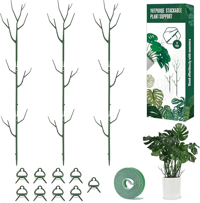 Yhtpouqe 9 Pack Green Plant Support Stakes Plant Stakes for Indoor and Outdoor Plants. 39.37inch Plant Sticks with Extension Poles, Plant Clips,Plant Ties for Potted Monstera Plants, Climbing Plants