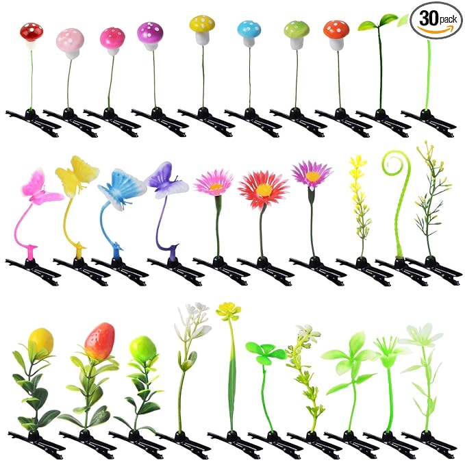 30 Pcs Bean Sprout Hair Clips, Tianhoudeger Mixed Style Plant Hairpins Flower Hair Clip Little Grass Barrette Mushroom Butterfly Headwear Hair Accessories for Women Girl School Home Party Christmas