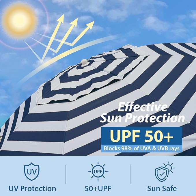 AMMSUN Shade Umbrella, Premium Portable Umbrella with Stand, 6.5ft Lightweight Free Standing Canopy for Sporting Games, Adjustable Instant Sun Protection and Easy to Carry, Stripe Blue