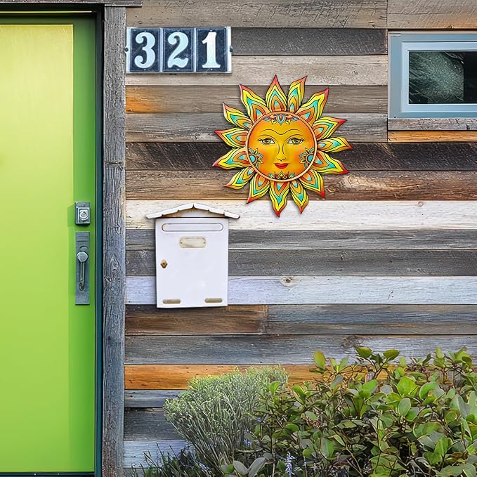 Metal Sun Flower Wall Decor - 12.87 inches Sun Wall Art Hanging Decorations for Outdoor, Home Garden Yard Patio Fence Bedroom Decor, Gifts for Mom Friends