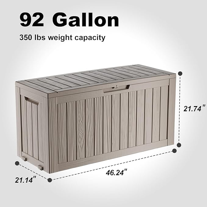 EasyUp 92 Gallon Reinforced Resin Deck Box – Waterproof & UV-Resistant Outdoor Storage, Large Capacity Patio Storage Bin for Furniture Cushions, Throw Pillows, Garden Tools, Pool Floats, Gray