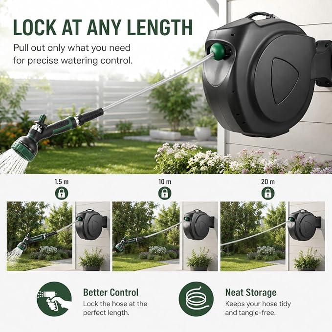 Retractable Garden Hose Reel, 150FT Wall Mounted Auto Rewind Water Hose Reel with 180° Swivel Bracket, Any Length Lock, Kink-Free Hose Guide, Multi-Pattern Spray Nozzle for Yard, Lawn & Outdoor