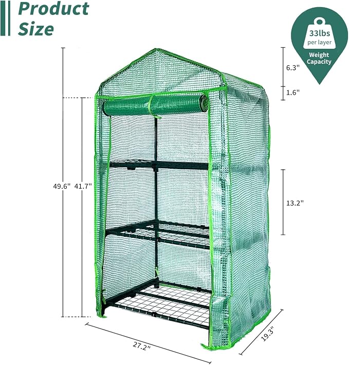3 Tier Mini Indoor Greenhouse,27"x19"x49" Greenhouse for Indoors&greenhouses for Outdoors with PE Cover and Roll-Up Zipper Door