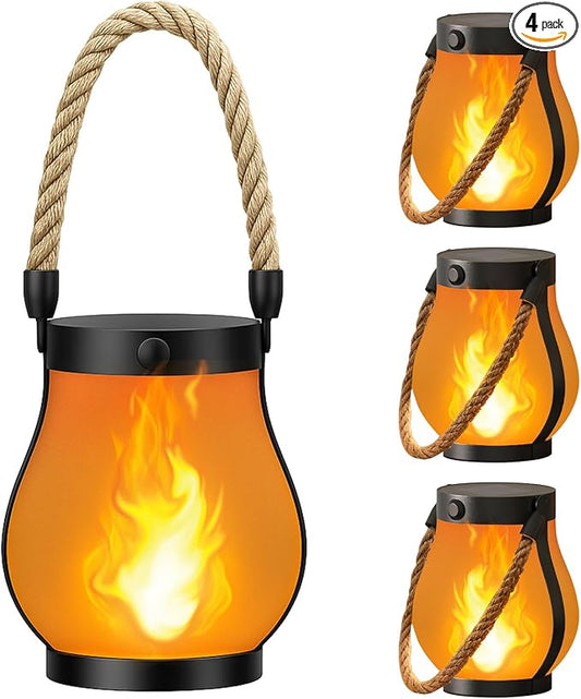 Hompavo Gen2 Solar Lanterns Outdoor with Ultra-Real Flame, Dual Charging (USB/Solar) & 2 Mode - Waterproof Decorative Hanging/Table Lights for Yard Patio Garden Birthday Mothers Day Gifts for Women, 4