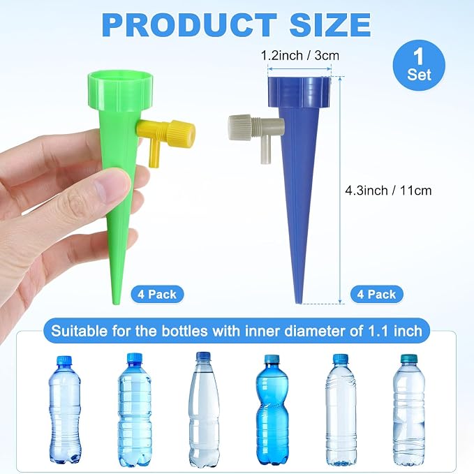 M METERXITY 8-Pack Self Watering Spikes for Plants, 4.3 Inch Plastic Plant Watering Devices with 8 Regulator for Indoor/Outdoor Pots, Garden Water Planter System [Dark Blue/Green]