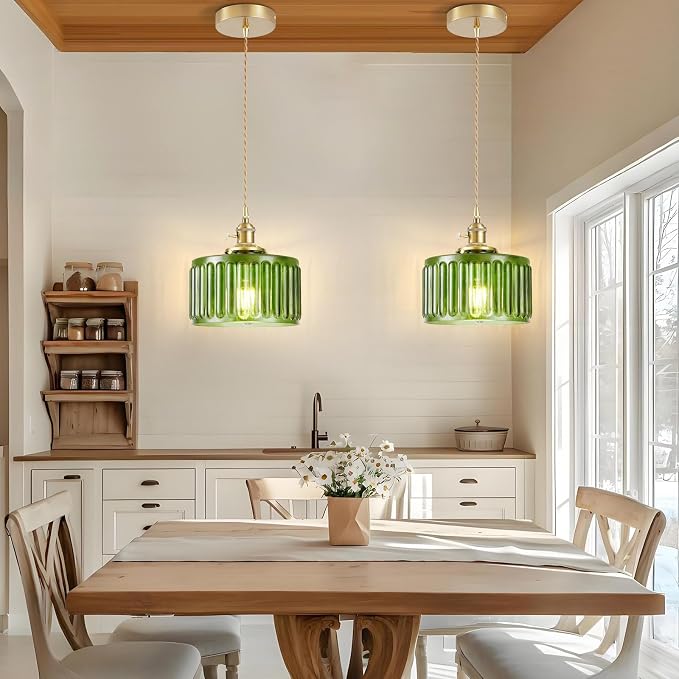 WimiSom 2 Pack Industrial Pendant Lighting, Modern Green Glass Shade Farmhouse Adjustable Hanging Light Fixtures for Kitchen Island Living Room Bedroom Hallway, Green