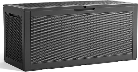 120 Gallon Outdoor Storage Box Waterproof, Resin Lockable Deck Box with Lid, Large Capacity Weatherproof Container for Patio Furniture Pool Accessories, Cushions(Black, 120 Gallon)