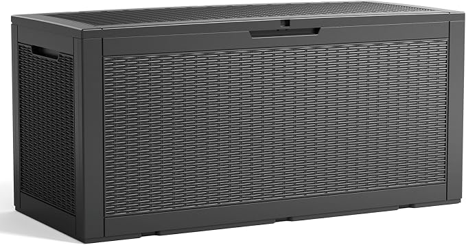 100 Gallon Outdoor Deck Box, Lockable Waterproof Outdoor Storage Boxes For Garden Tools,Indoor Cushions,Accessories Outside Storage Resin Weatherproof Container(Black)