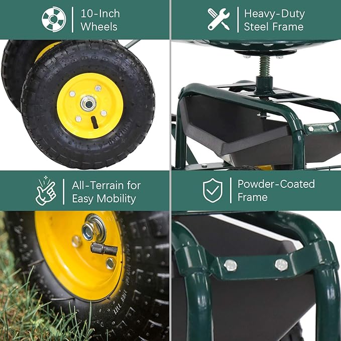 Garden Cart Rolling Work Seat Patio Wagon Scooter for Planting with Utility Tool Tray and Basket, Green