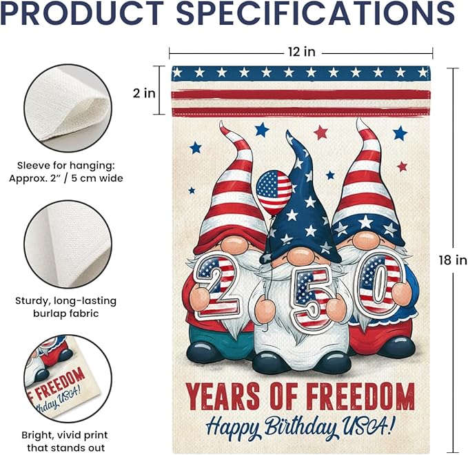 Gnome 250 Years America Patriotic Garden Flag - Independence Memorial Day Decorations, Funny 250 Year American Anniversary Flag, USA Birthday Freedom Yard Sign, 1776-2026 USA 4th of July Garden Flag for Outside
