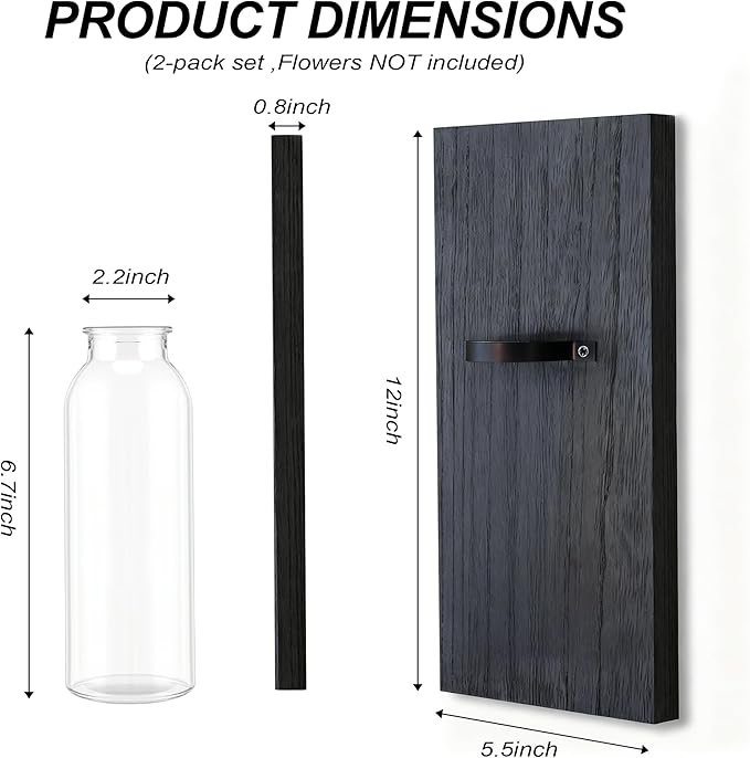 Heiple 2 Pack Wall Planters for Indoor Plants, Wood Glass Decor for Bathroom, Bedroom Living Room, Modern Farmhouse Wooden Pocket Wall Vases for Dried Flowers and Plastic Plants (Black)