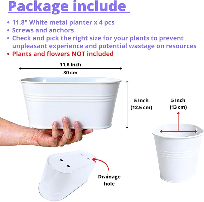 LaLaGreen Wall Planter (11.8 Inch, 4 Pack) White Metal Wall Hanging Decor for Indoor Planter Flower Pot Holder Porch Balcony Decoration Window Boxes Planters Pots Plant Planters Garden Yard Home Fence