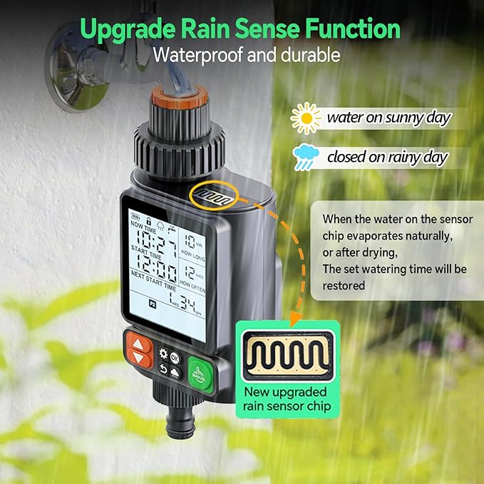 Sprinkler Timer for Garden Hose, Upgrade 10 Programmable Water Timer with Auto Rain Delay, IP54 Waterproof 3.3“ Large LCD Drip Irrigation System Timers for Plant, Yard, Lawns, Outdoor