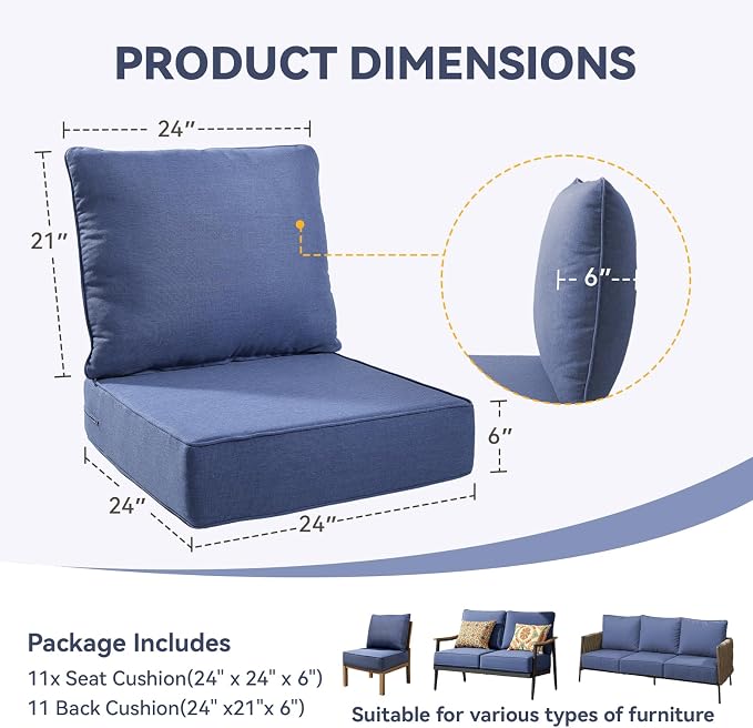 Outdoor Cushion Set for Furniture Patio Furniture, UV Resistant, Water Resistant - 6 Inch Thick Foam Garden Cushions– 24x24 Inch Patio Seat Covers for Chair/Sofa/Couch | Blue | 11-Pack |
