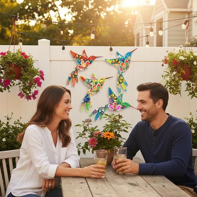 Cruis Cuka Outdoor Metal Wall Art Garden Decor for Outside Colorful Hummingbird Fence Art - (Set of 4,ColorF)