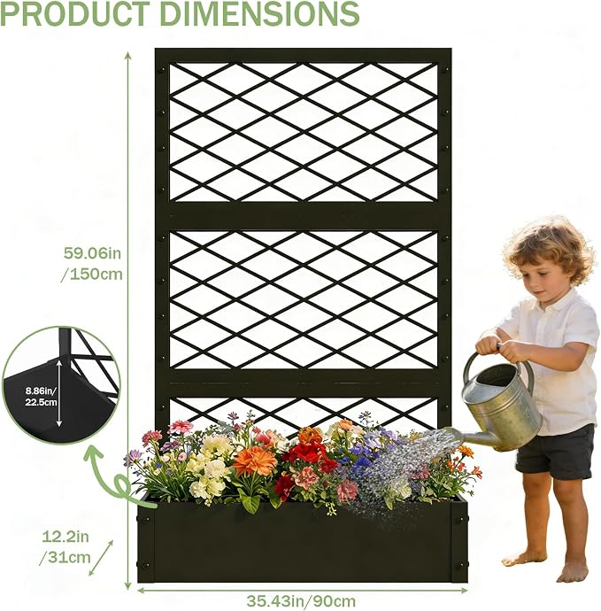 aboxoo 59 inch Metal Planter Planter Box with Privacy Screen Trellis Outdoor Raised Garden Bed Standing Garden Flower Bed with Drainage Holes(Black)