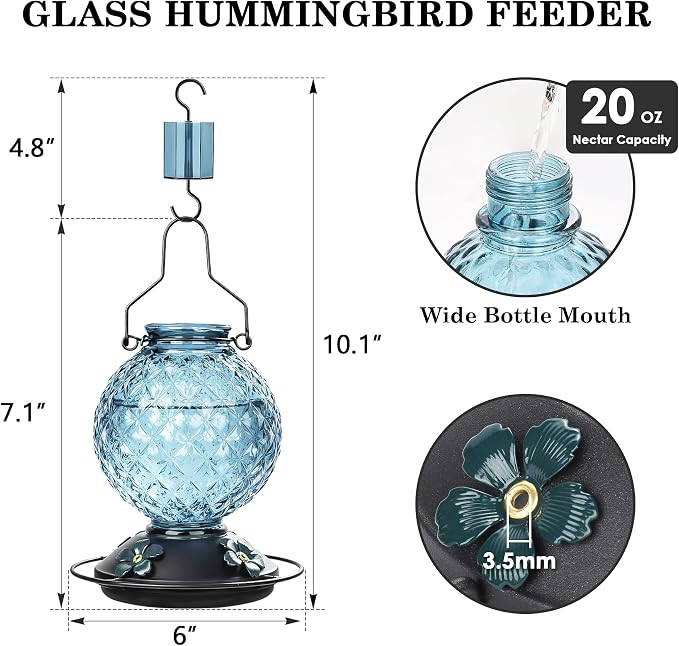 25 OZ Glass Hummingbird Feeder for Outdoors, Leak Proof Hummingbird Feeder with Ant Moat, 4 Bee Resistant Feeding Ports, Easy Clean Wide Mouth Design, 360° Perch, Hanging Nectar Feeder, Blue