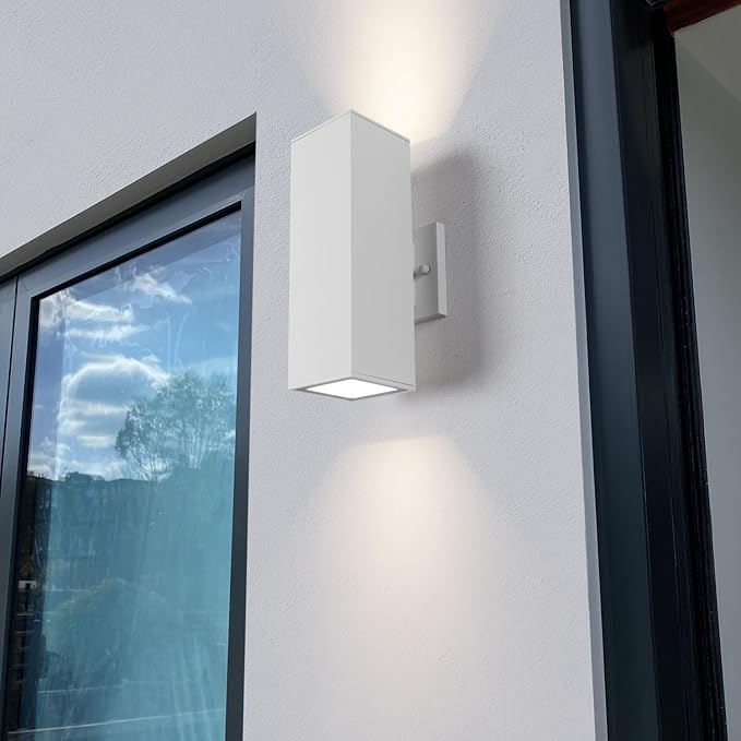 mirrea Modern Outdoor Porch Light Patio Light in 2 Lights with Aluminum Rectangular Tube and Tempered Glass Cover Waterproof Wall Sconce 2 Pack Matte White