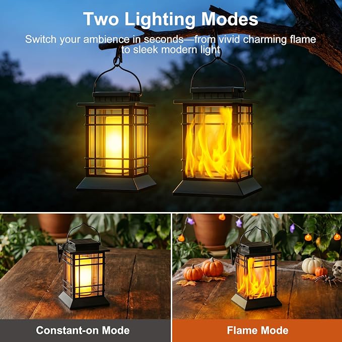 Brightever Hanging Solar Lanterns Outdoor Waterproof, Flickering Flame Solar Lantern Outdoor Lights, Auto ON/Off Solar Powered Lanterns Decorative Outdoor for Garden Front Porch Tree Decor, 2-Pack