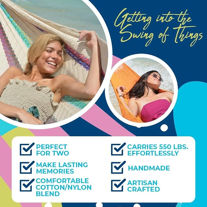 Handmade Hammocks - Hammocks Rada Handmade Yucatan Hammock - Artisan Crafted in Central America - Fits Most 12.5 Ft. - 13 Ft. Stands - Carries Up to 550 Lbs for Two