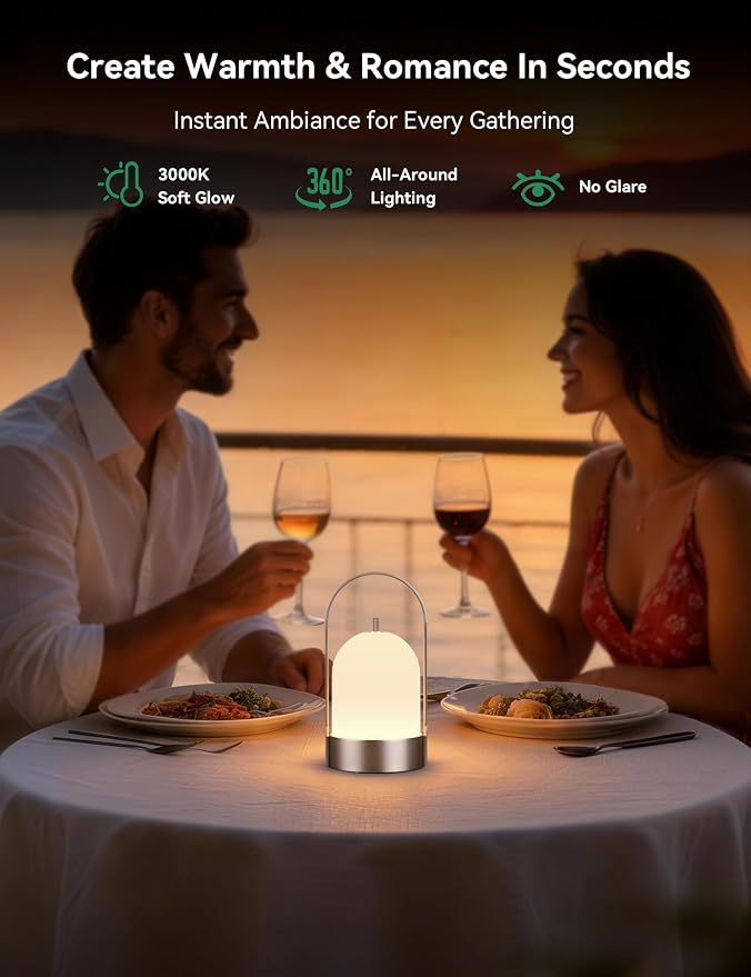 Tubicen Outdoor Table Lamp Portable Rechargeable Lamp Waterproof 4000mAh Battery Operated Lantern 4-Level Dimmable Cordless Touch Lamp for Bedroom Bathroom Patio Balcony Bar Camping Party, Nickel