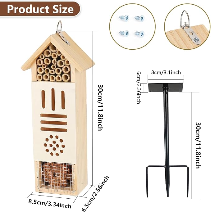Wooden Insect House, Bee House with Metal Stake for Garden, Natural Ladbugs Habitat & Butterfly Hotel on The Ground or Hanging on Tree Wall (Pine, 3.34'' x 2.56'' x 11.8'', 11.8'' H Stake)
