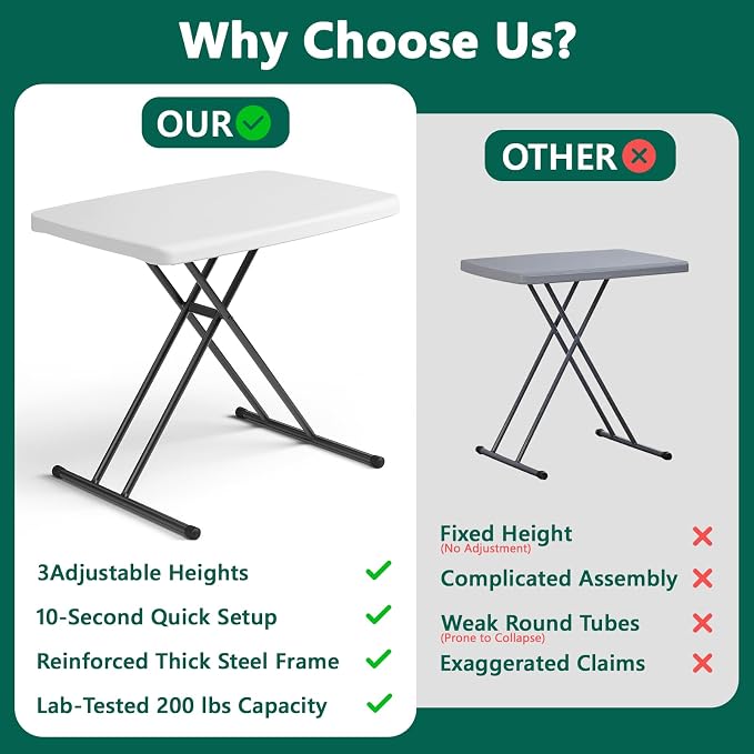 Folding Table- Small Desk Adjustable Height TV Tray for Laptop, Couch, Camping - Heavy Duty Utility Foldable Table for Small Spaces, No Assembly Required, White Granite (White, 30in-2pack)