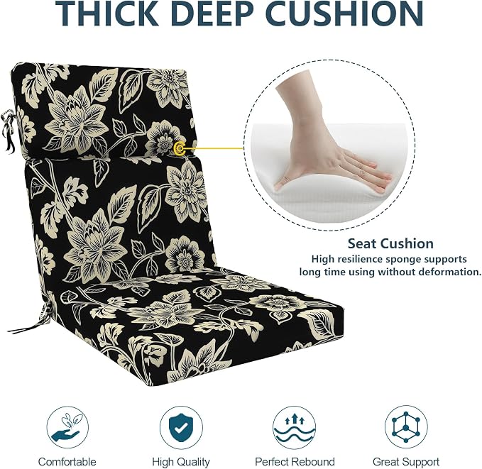 DYTXIII Outdoor High Back Chair Cushions Set of 2, 44"x22" Water Repellent Patio Seat Cushions with Elastic Sponge, All Weather Chair Pads for Rocking, Dining Chairs, Patio Furniture - Vines Black
