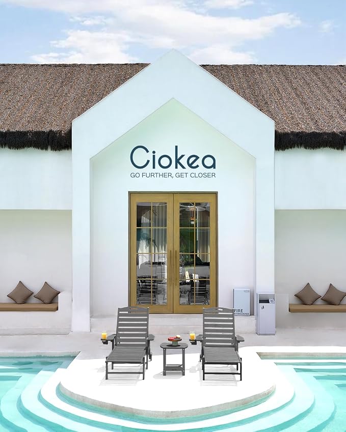Ciokea Lounge Chair Outdoor, Oversized Chaise Lounge Chair with 5 Positions, HDPE, Patio Lounge Chair with Wheels & Cup Holder for Pool, Deck, Poolside, Dark Grey
