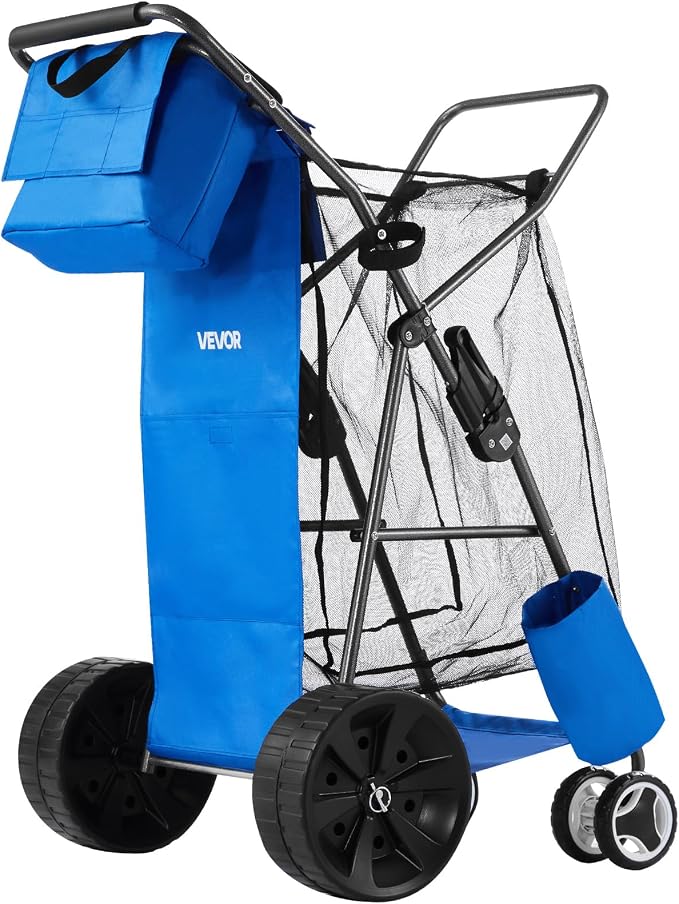 VEVOR Beach Cart, 165LBS Load Capacity, Portable Folding Beach Wagon Dolly with 10" Solid Wheel for Sand, Insulated Cooler Bag, Large Mesh Bag&Umbrella Holder for Outdoor Camping Fishing