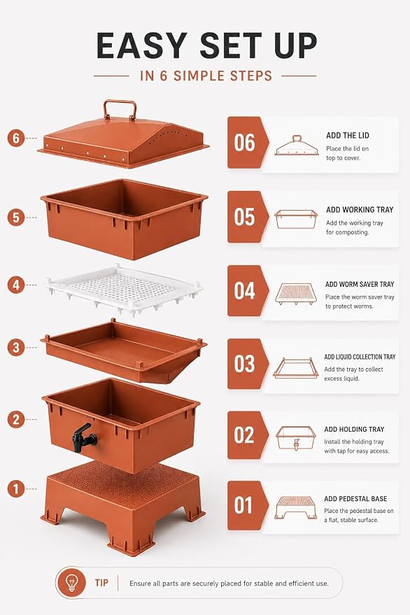 Original Vermihut ® 5 – Tray Worm Composter, Sustainable Design for Both Indoor & Outdoor, Worm Compost Bin for Vermicomposting Starter, Recycling Food Wastes (Terracotta)