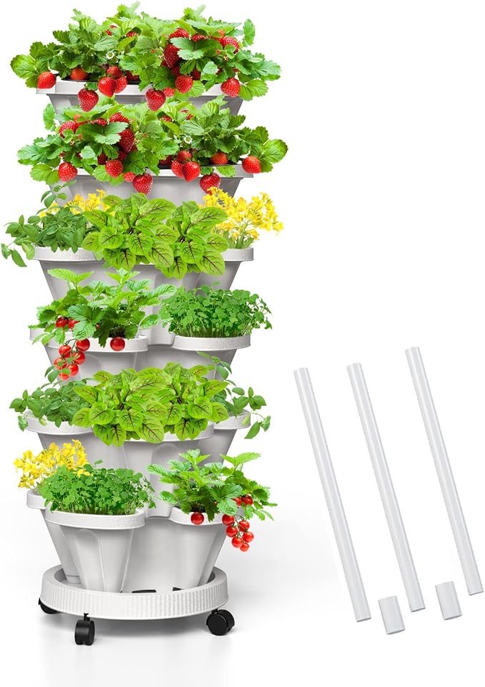 6 Tiered Strawberry Vertical Planters, Stacking Tower Garden with Support Pole, Stackable Herb Vegetable Planters Indoor and Outdoor - White