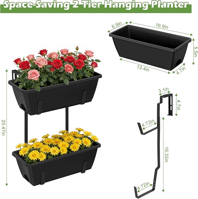 Railing Planter Boxes 2 Pack Window Boxes Planters with 2-Tier Adjustable Brackets, 17'’ Deck Railing Planter Boxes Vertical Balcony Hanging Flower Pots for Fence Rail Porch Garden Decor