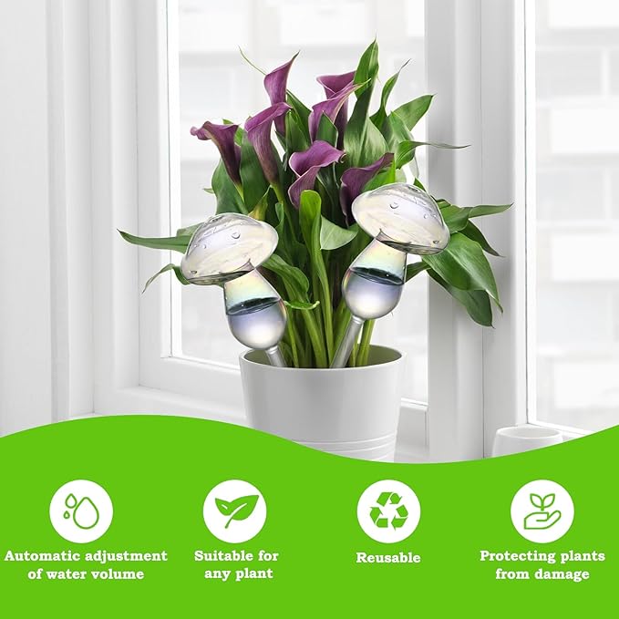 Plant Watering Globes, 4PCS Self Watering Globes Made from Hand-Blown Glass, Iridescent Glass Mushrooms Plant Self Watering Devices, Automatic Watering System for Potted Plants