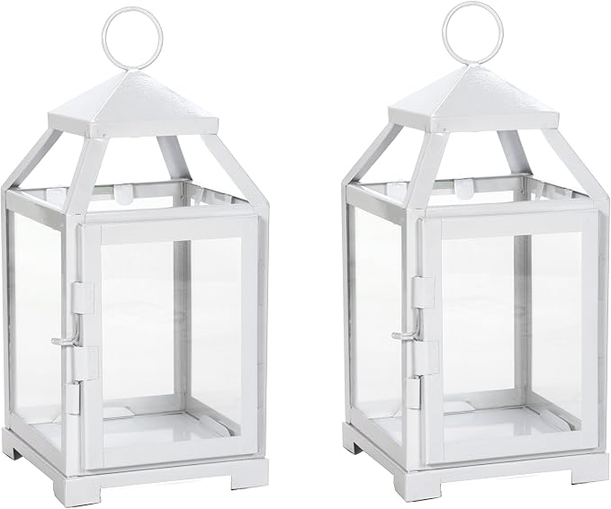 Hosley Set of 2 Clear Glass and Iron White Color Farmhouse Classic Style Lantern 12 Inch High Ideal Gift for Weddings Bridals Special Occasions Parties Aromatherapy and Spa Settings O4
