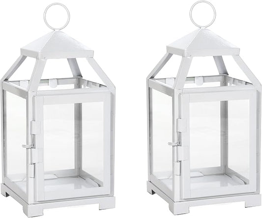 Hosley Set of 2 Clear Glass and Iron White Color Farmhouse Classic Style Lantern 12 Inch High Ideal Gift for Weddings Bridals Special Occasions Parties Aromatherapy and Spa Settings O4